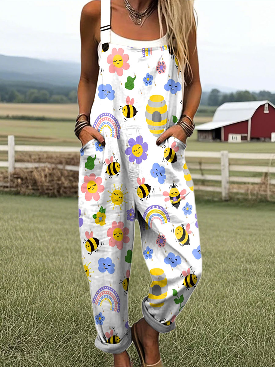 Women's Vintage Colorful Bee Floral Art Print Casual Cotton Pocket Jumpsuit
