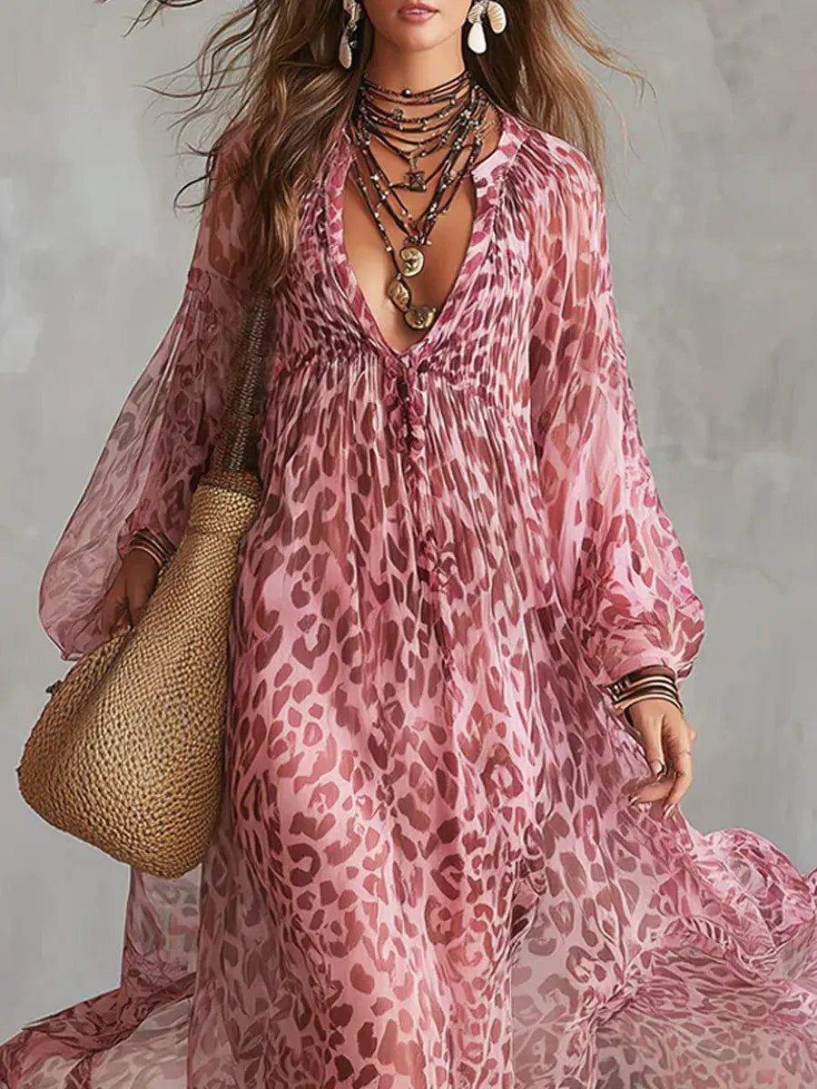 Women's Retro Leopard Art Casual Stylish Chiffon Maxi Dress
