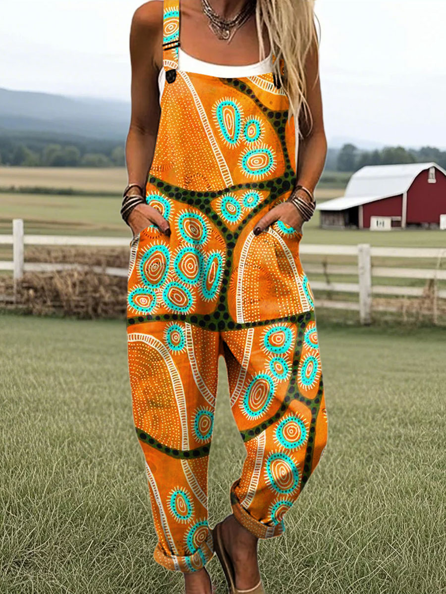 Women's Vintage Abstract Plant Cell Art Print Casual 100% Cotton Wide Leg Jumpsuit