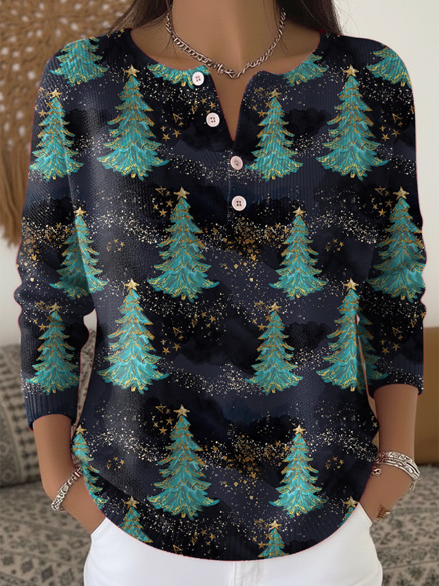 Vintage Winter Christmas Tree Painting Art Print Buttoned Cardigan Sweater