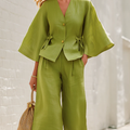 Elegant Tie Flared-sleeve Cotton-linen Two-piece Set
