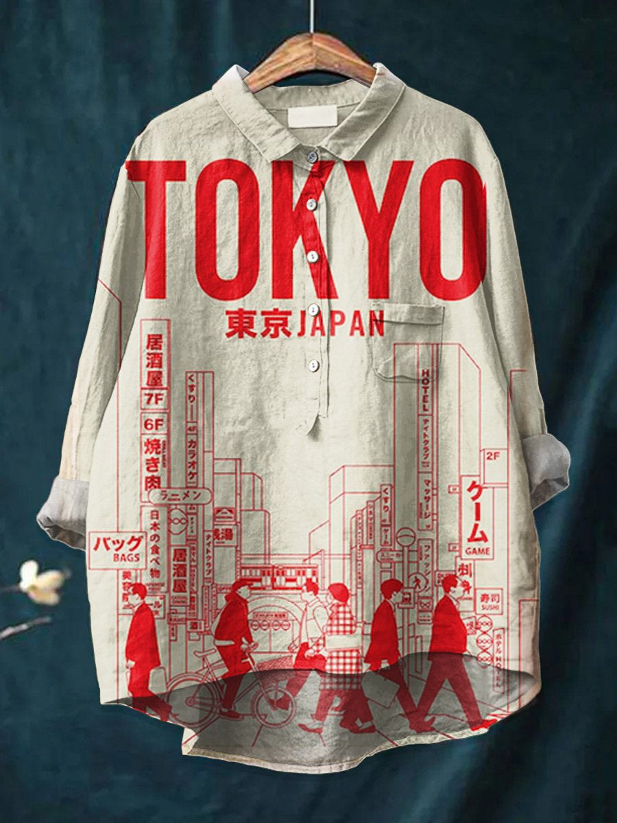 Women's Japanese Art  Print Casual Cotton And Linen Shirt