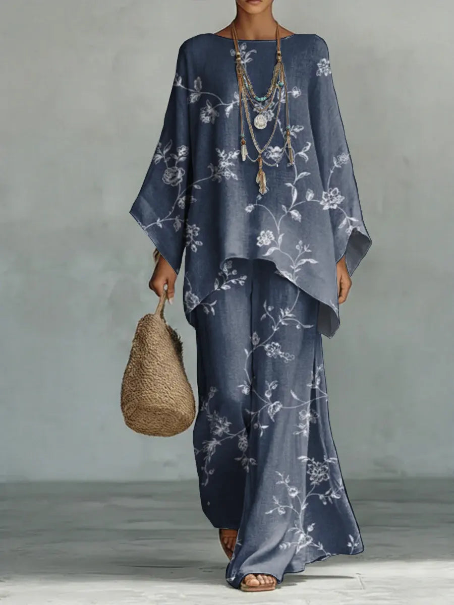 Women's Vintage Flower Pattern Print Casual Cotton Linen Suits