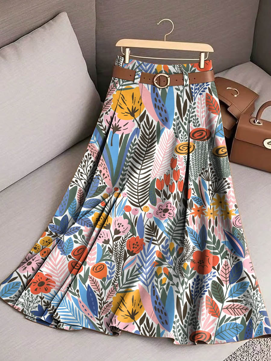 Women's Retro Floral Art Print Casual Cotton Skirt