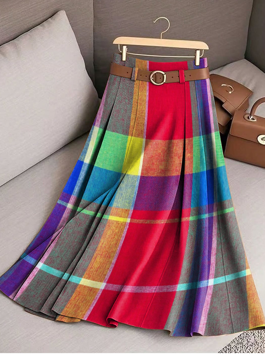 Women's Multicolor Check Graphic Art Print Cotton Skirt