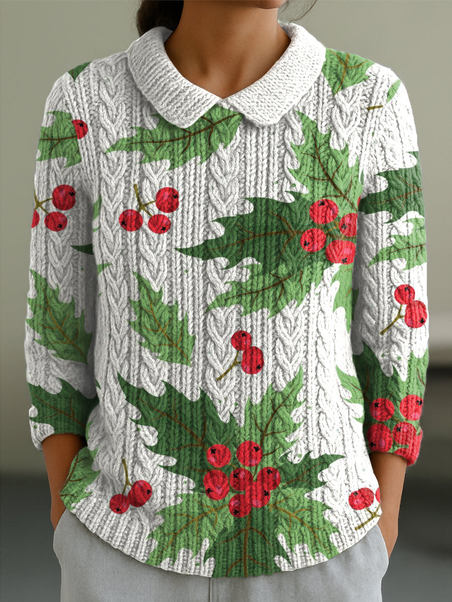 Women's Christmas Leaf Fruit Print Casual Peter Pan Collar 3/4 Sleeve Sweater