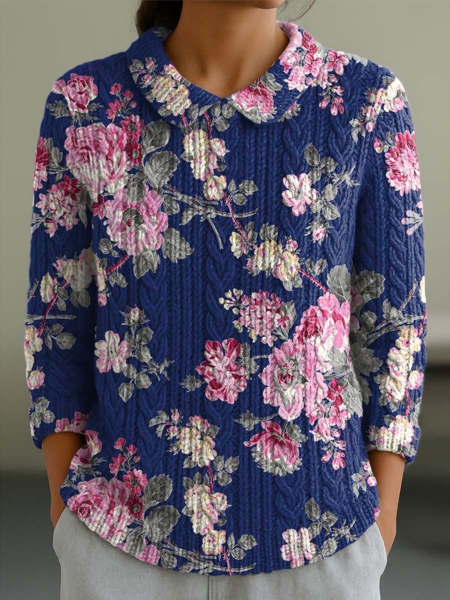 womens-vintage-floral-art-print-casual-peter-pan-collar-3-4-sleeve-sweater-je7f