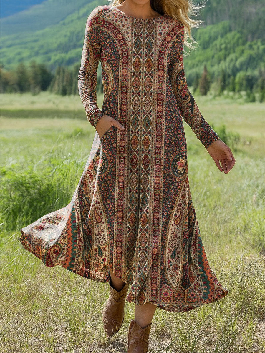 Women's Vintage  Cashew Flower Art Print Long-sleeved Dress