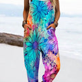 Women's Vintage Floral Art Print Casual 100% Cotton Wide Leg Jumpsuit