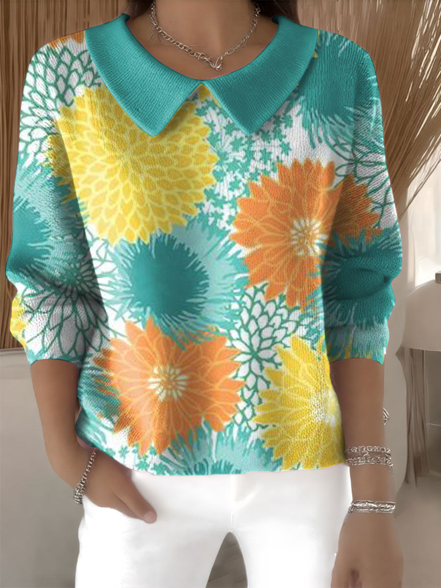 Women's Flowers Pattern Print Casual Print Peter Pan Collar 3/4 Sleeve Sweater