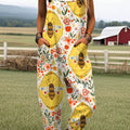 Women's Vintage Bee Flower Art Print Casual 100% Cotton Wide Leg Jumpsuit