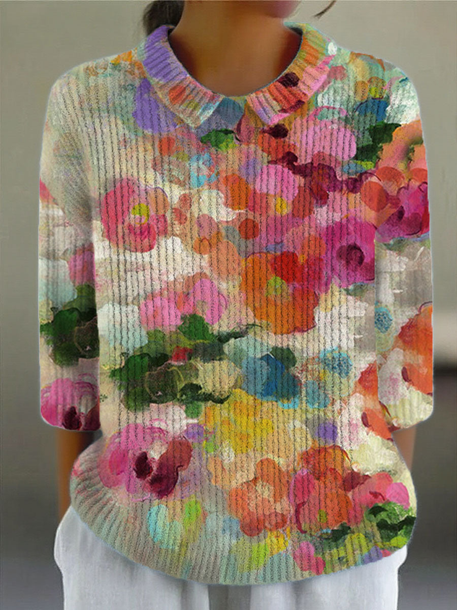 Women's Vintage Flower Art Print Casual Pullover Sweater