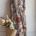 Women's Vintage Flower Art Print Linen Pocket Dress