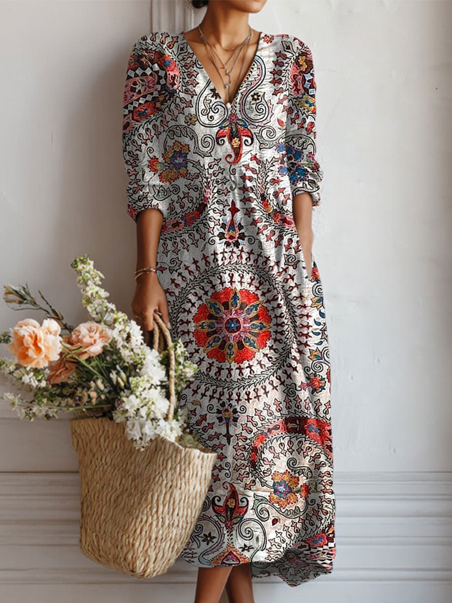 Women's Vintage Flower Art Print Linen Pocket Dress