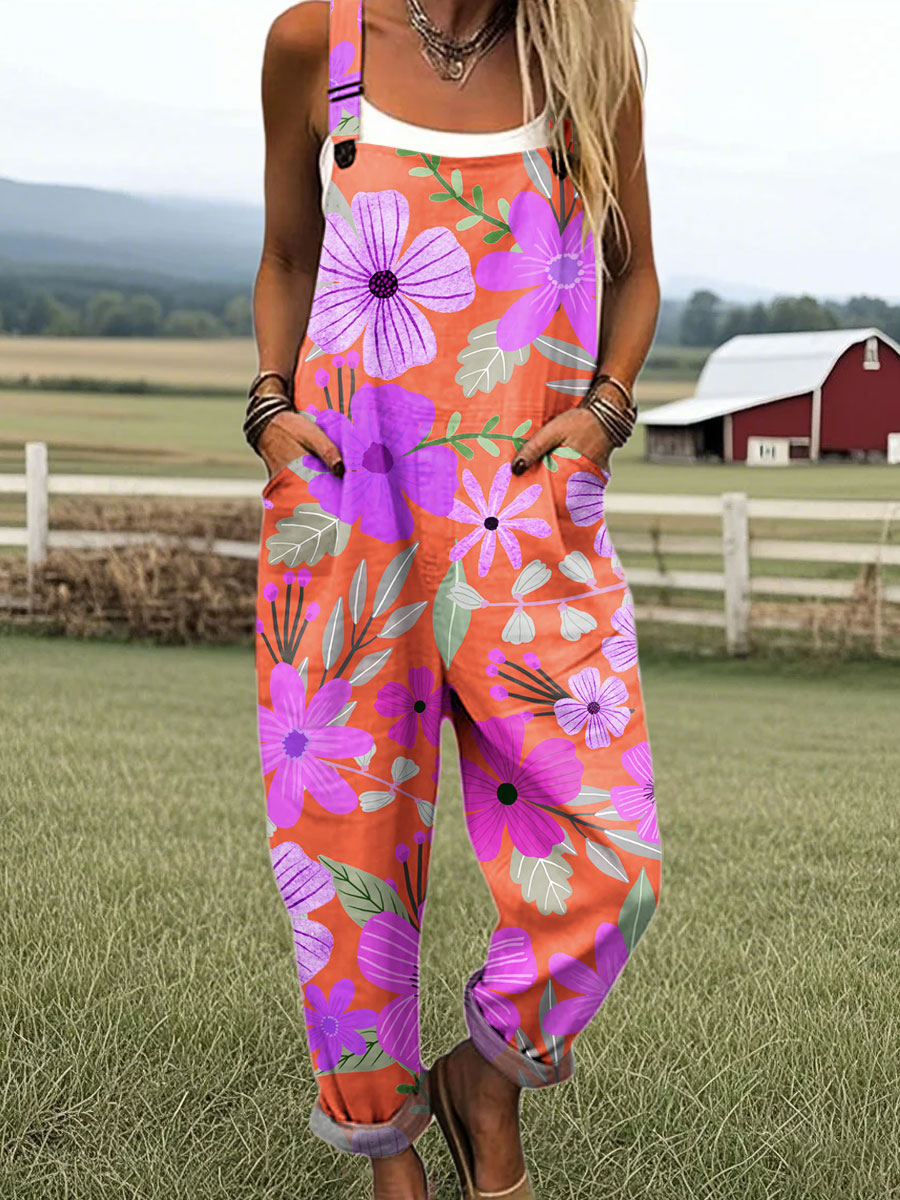 Women's Vintage Floral Art Print Casual 100% Cotton Wide Leg Jumpsuit