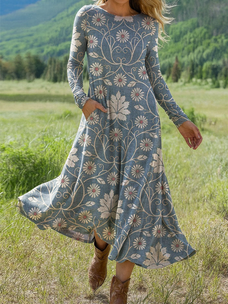 Women's Vintage Flower Art Print Long-sleeved Dress