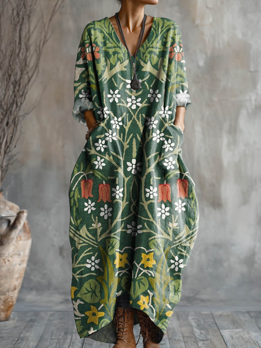 Women's Vintage Floral Art Pattern Print Pocket V-neck Cotton Dress