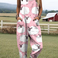 Women's Lovely Sheep Art Print Casual 100% Cotton Wide Leg Jumpsuit