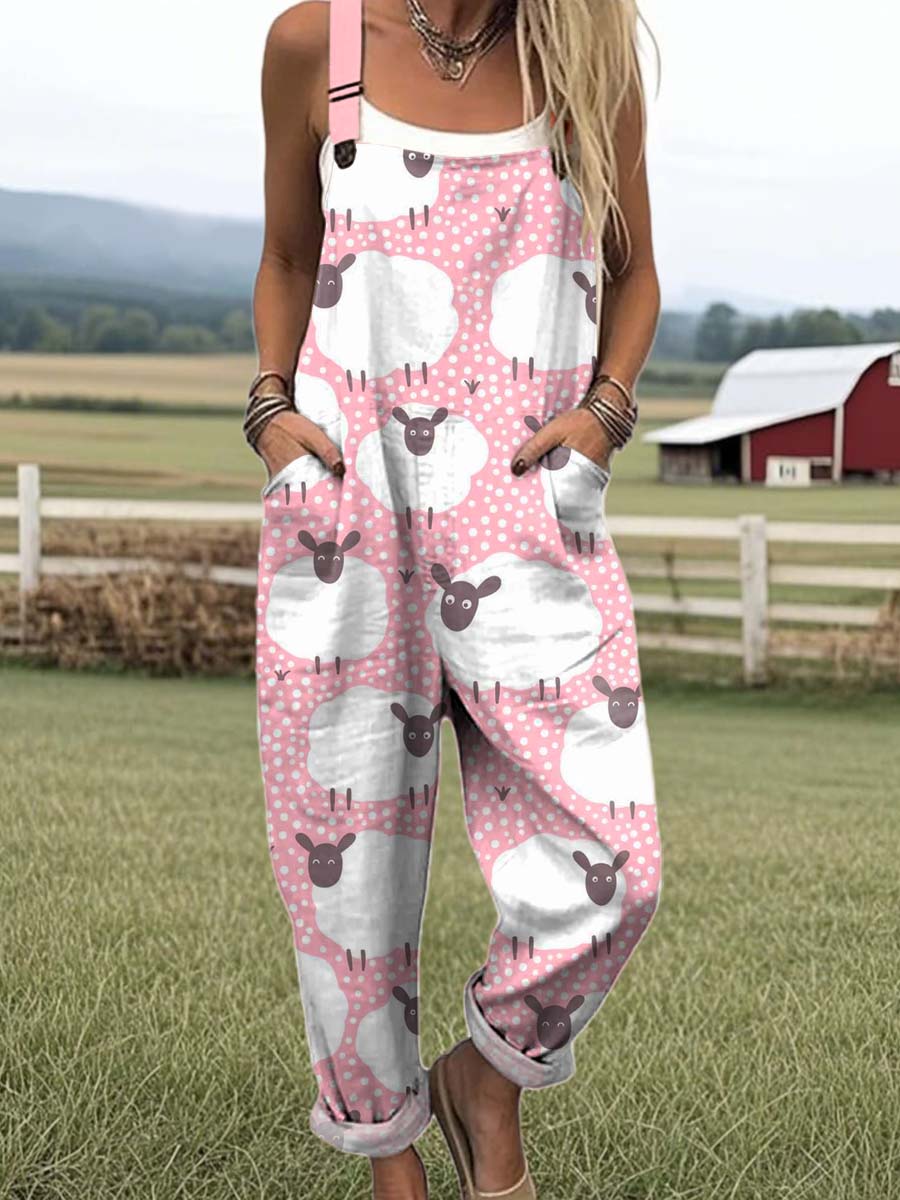 Women's Lovely Sheep Art Print Casual 100% Cotton Wide Leg Jumpsuit