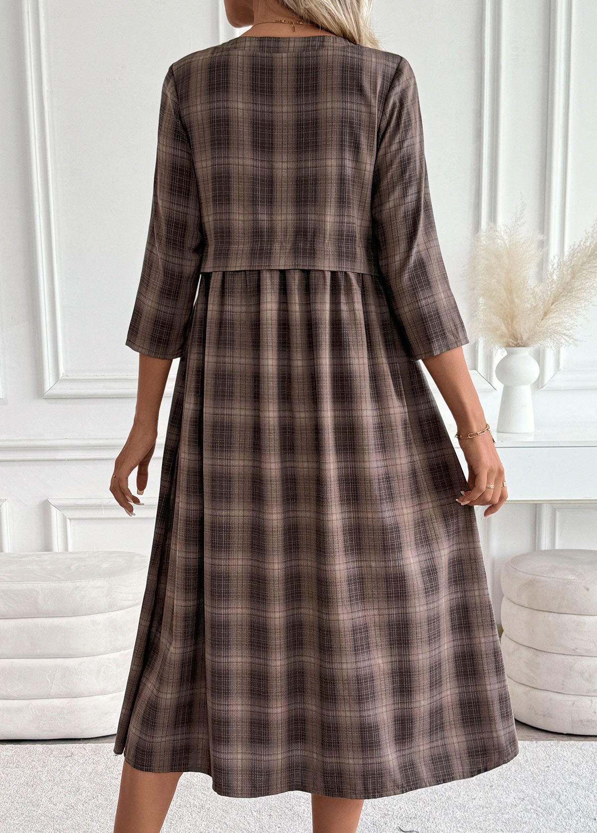 Dark Coffee Tummy Coverage Plaid 3/4 Sleeve Dress
