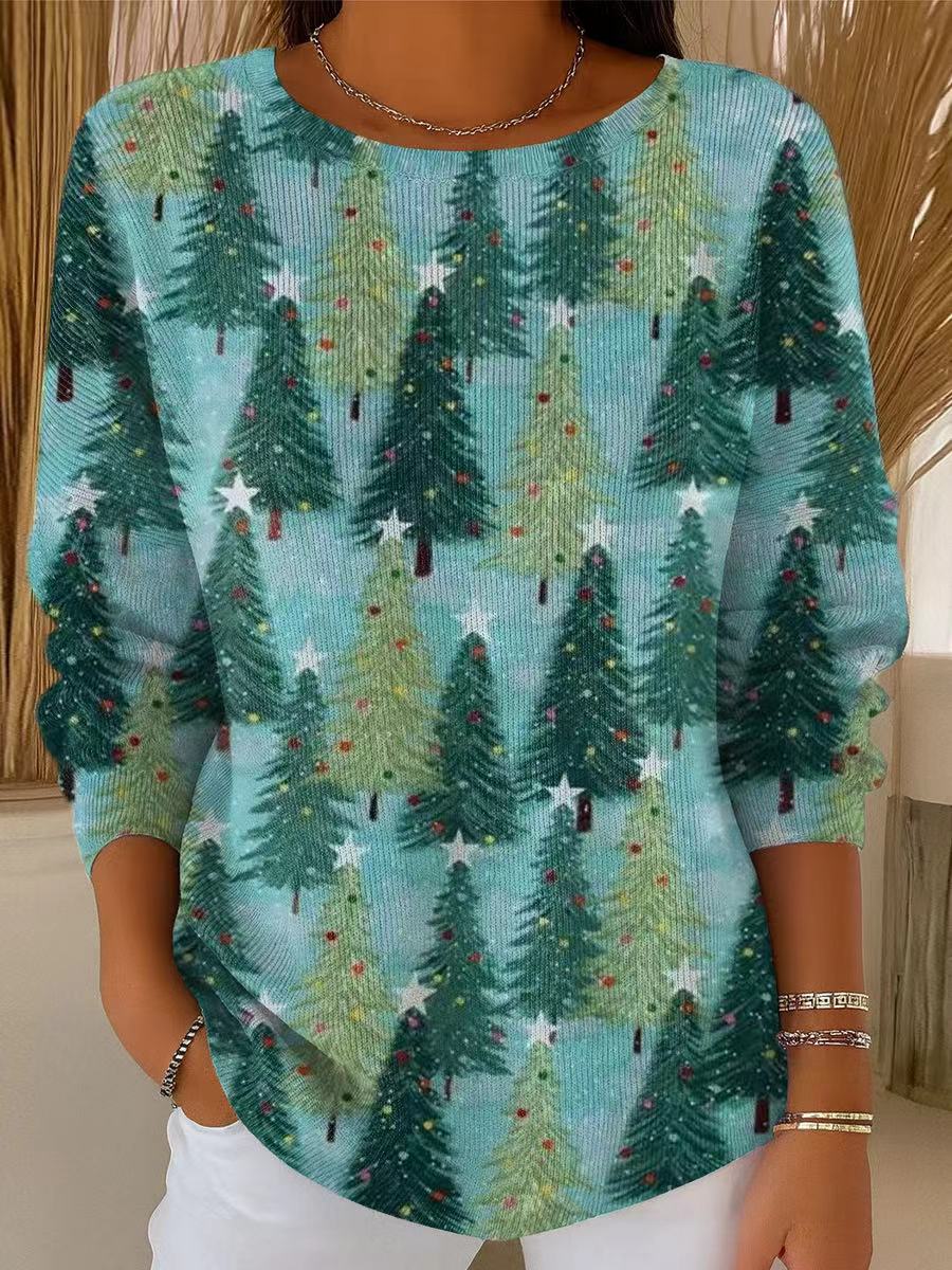 Women's Beautiful Winter Christmas Tree Painting Art Print Casual Pullover Sweater