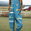 Women's Funny Fish Art Print Casual 100% Cotton Wide Leg Jumpsuit