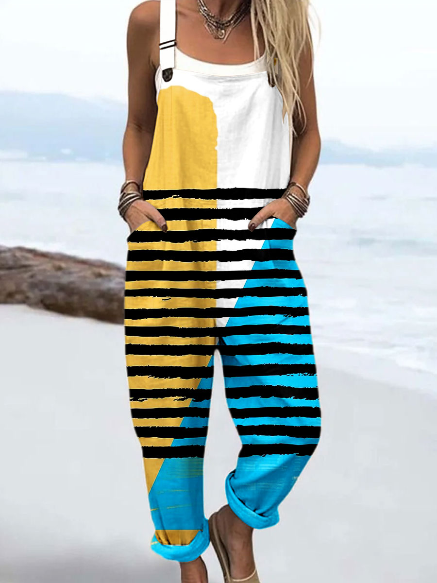 Women's Vintage Abstract Geometric Line Art Print Casual 100% Cotton Wide Leg Jumpsuit