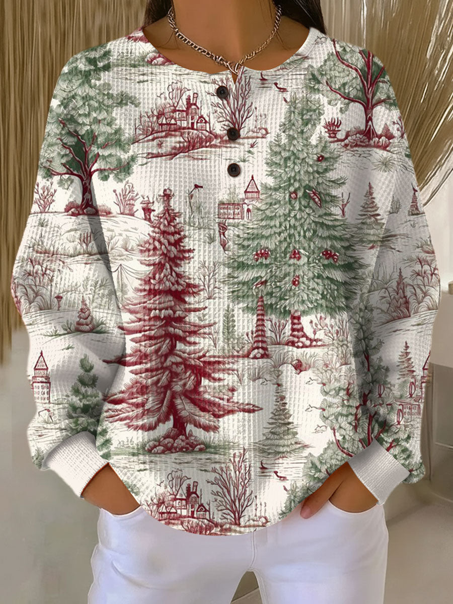 Women's Christmas Tree Pattern Art Print Casual Waffle Henry Collar Sweatshirt