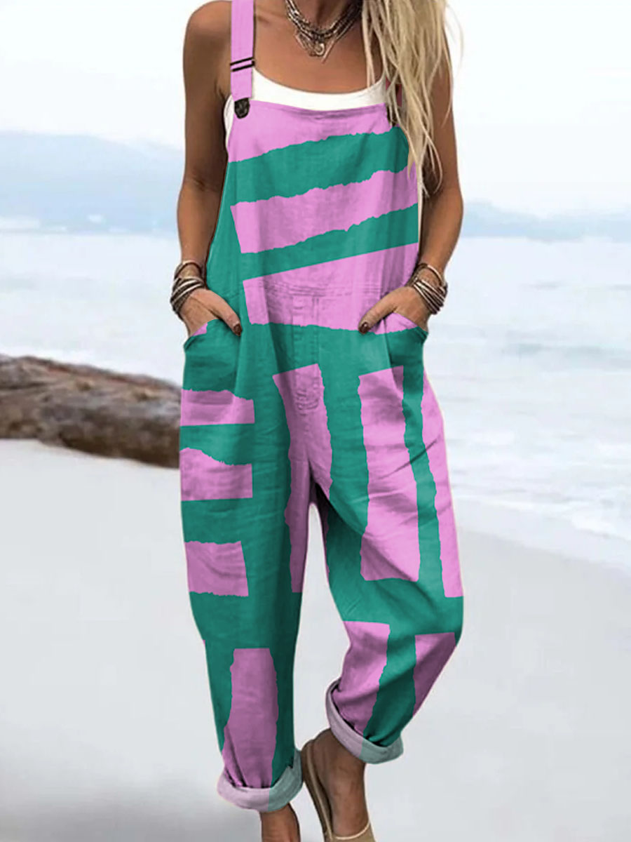 Women's Geometric Pattern Art Print Casual 100% Cotton Wide Leg Jumpsuit