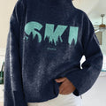Women's Ski Season Pattern Art Print Knit Turtleneck Pullover Sweater