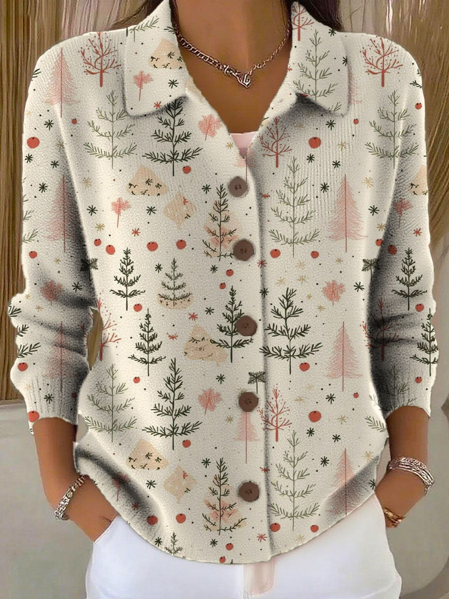Women's Christmas Tree Art Print Casual Lapel Sweater