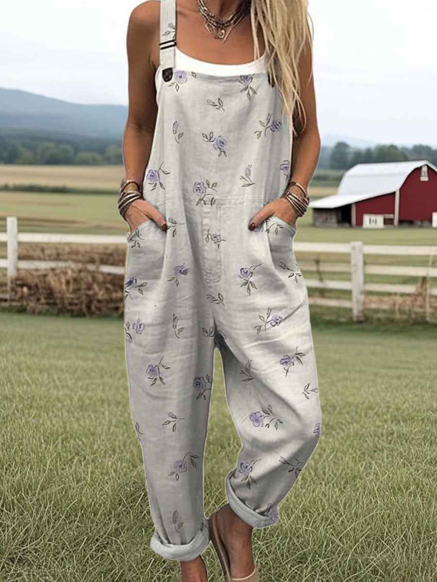 Women's  Vintage Flower Art Print Casual 100% Cotton Wide Leg Jumpsuit