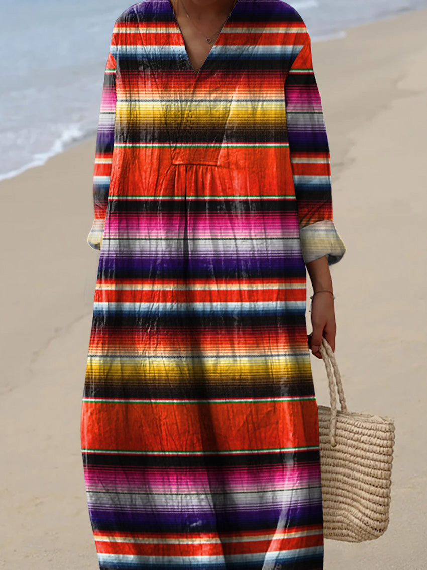 Retro Hippie Strip Pattern Printed Women's Dress