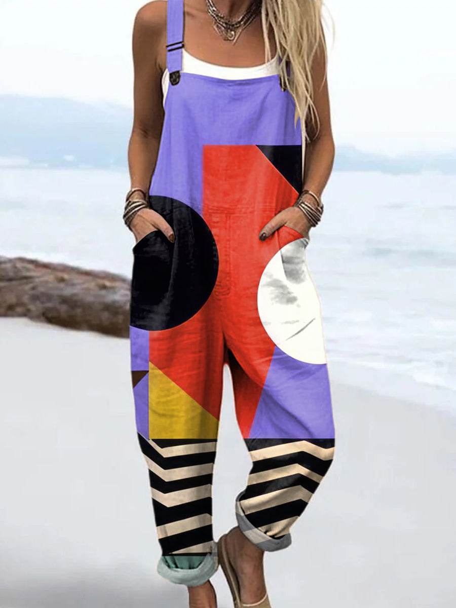 Women's Artistic Colourful Geometry Print Casual 100% Cotton Wide Leg Jumpsuit