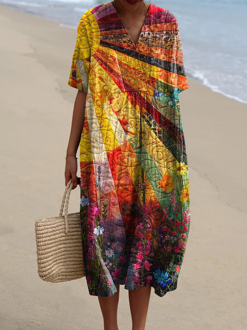 Sunshine Summer Garden Quilt Art Printed Women's Flowy Dress