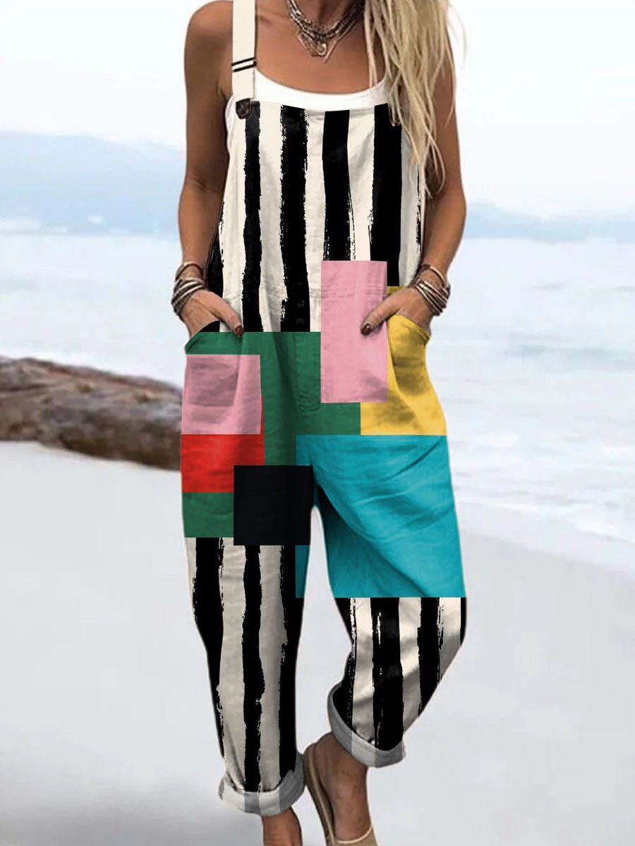 Women's Abstract Geometric Pattern Art Print Casual 100% Cotton Wide Leg Jumpsuit