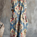 Women's Vintage Floral Art Pattern Print Pocket V-neck Cotton Dress