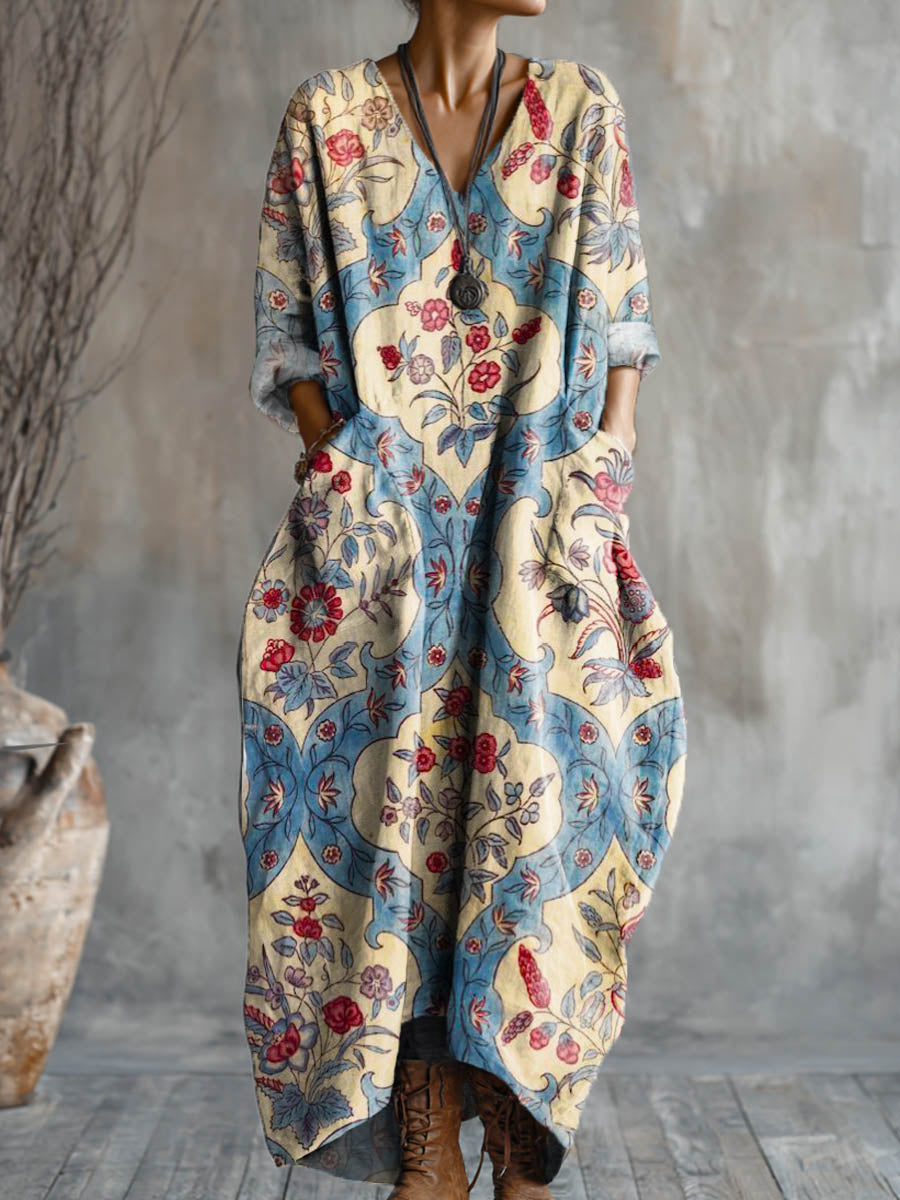 Women's Vintage Floral Art Pattern Print Pocket V-neck Cotton Dress