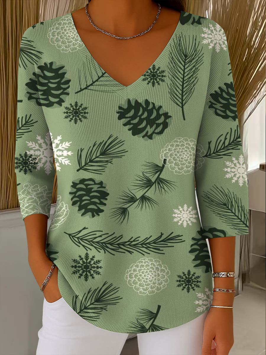 Women's Christmas Graphic Print V-Neck 3/4 Sleeve Casual Loose Pullover Sweater