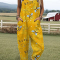 Women's  Funny Flower Bee  Art Print Casual 100% Cotton Wide Leg Jumpsuit