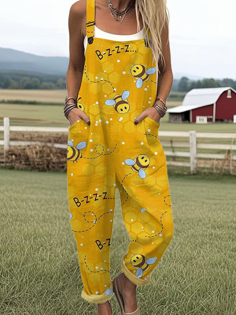 Women's  Funny Flower Bee  Art Print Casual 100% Cotton Wide Leg Jumpsuit