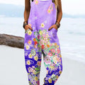 Women's Vintage Flower Art Print Casual 100% Cotton Wide Leg Jumpsuit