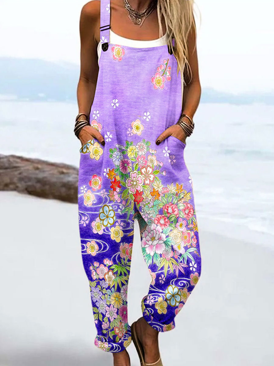 Women's Vintage Flower Art Print Casual 100% Cotton Wide Leg Jumpsuit