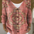 Vintage Flower  Art Print Buttoned V-neck Cardigan Sweater