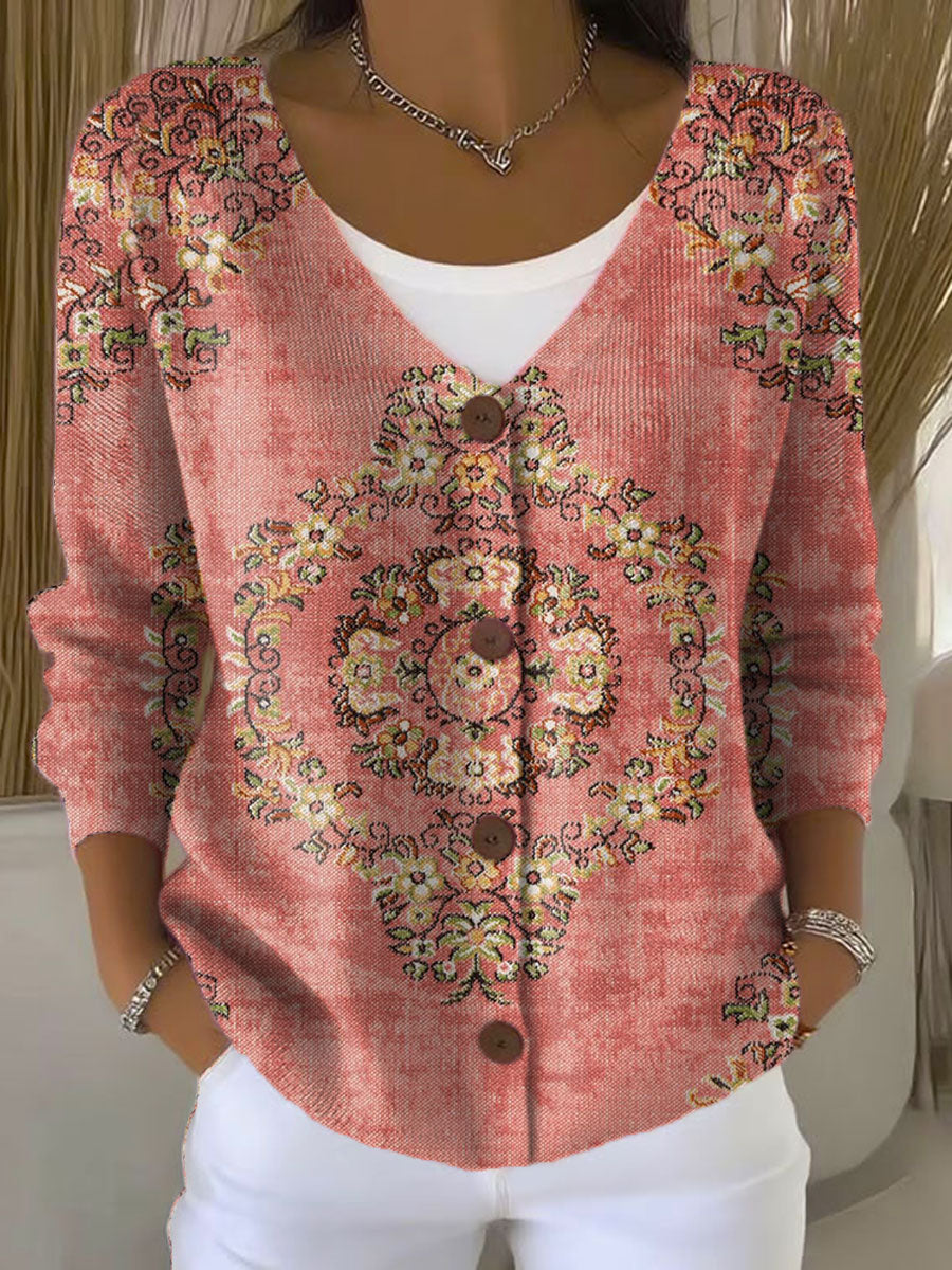 Vintage Flower  Art Print Buttoned V-neck Cardigan Sweater