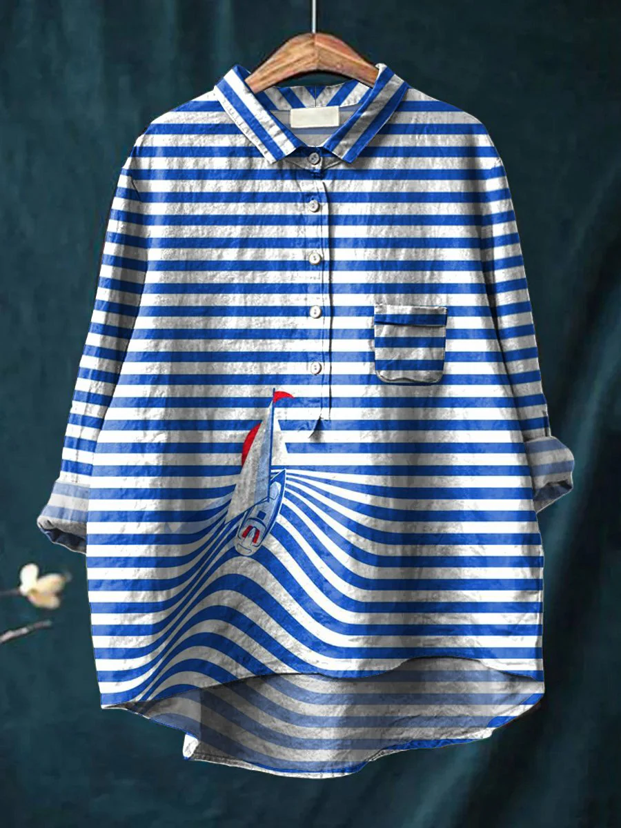Funny Little Boat Art Printed Women's Casual Cotton And Linen Shirt