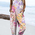 Women's Art Oil Painting Colourful Flowers Print Casual 100% Cotton Wide Leg Jumpsuit