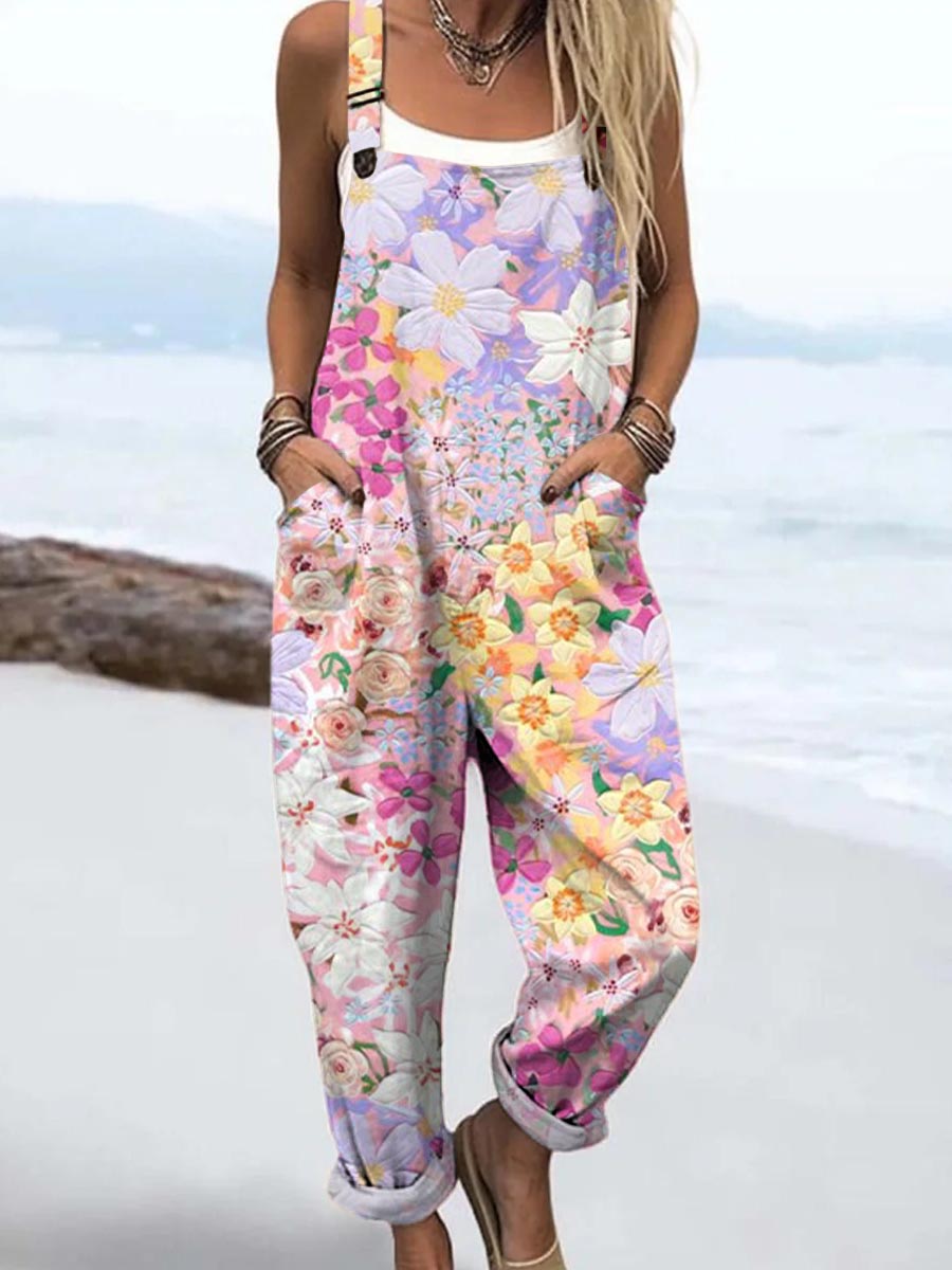 Women's Art Oil Painting Colourful Flowers Print Casual 100% Cotton Wide Leg Jumpsuit