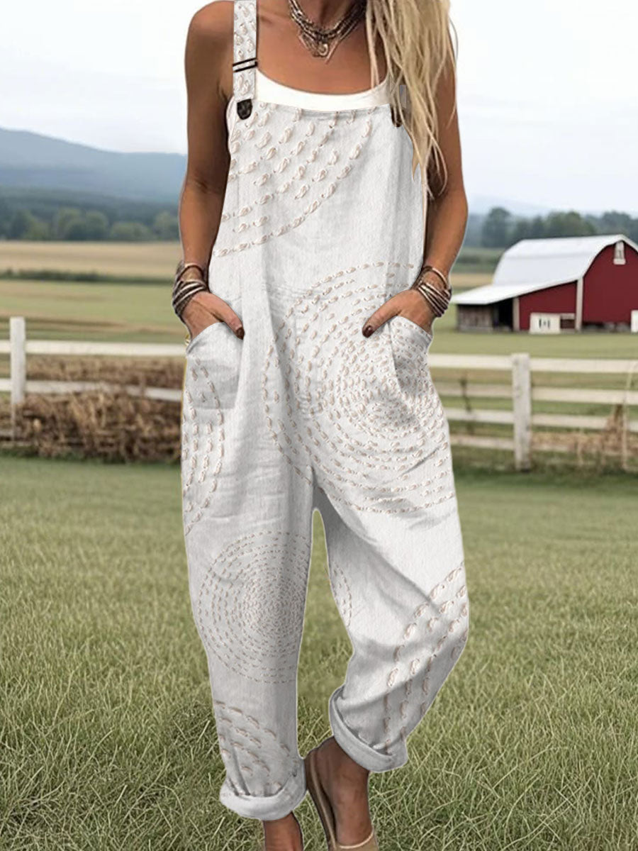 Women's Vintage Abstract Geometric Art Print Casual 100% Cotton Wide Leg Jumpsuit