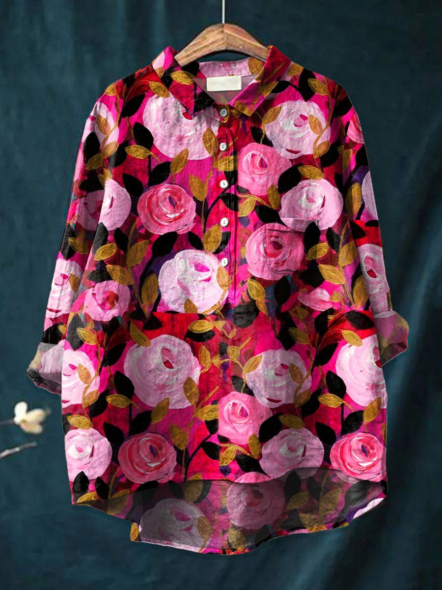 Women's  Flower Art Print Casual Cotton And Linen Shirt